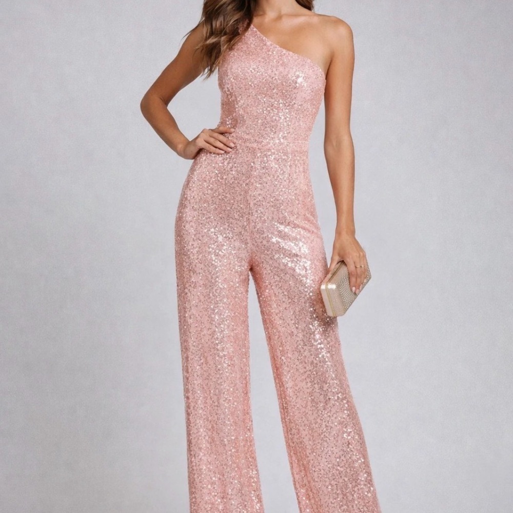 JAY GODFREY Pink Sequin One-Shoulder Jumpsuit – Size 8 | NWT